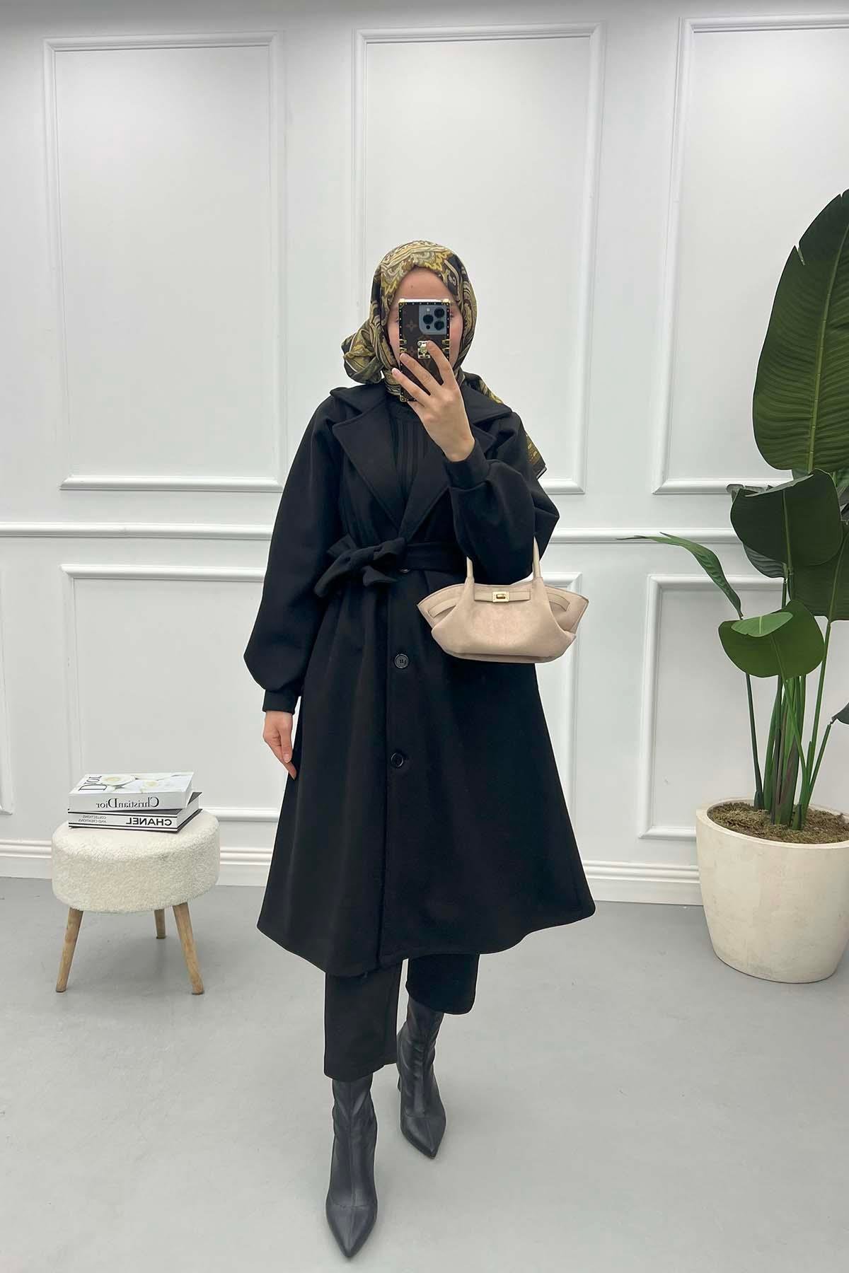 Balloon Sleeve Cashmere Coat Black