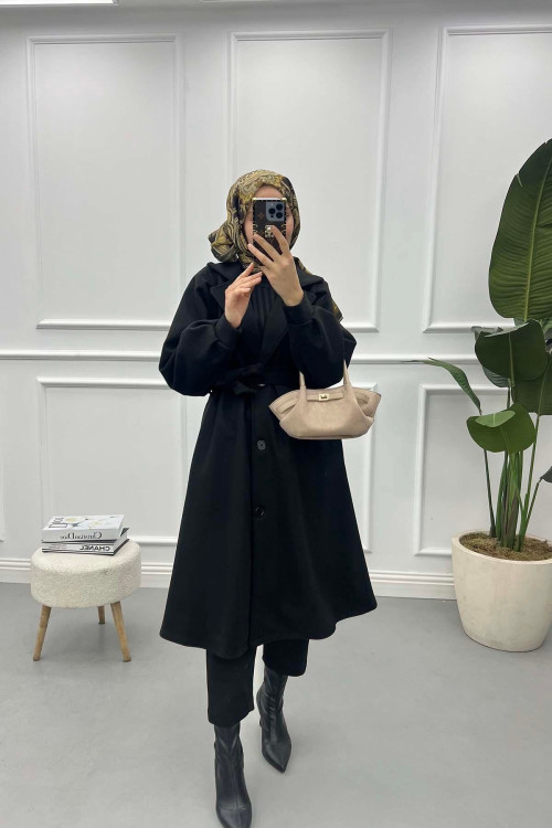 Balloon Sleeve Cashmere Coat Black