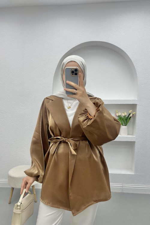 Balloon Sleeve Shiny Jacket Brown