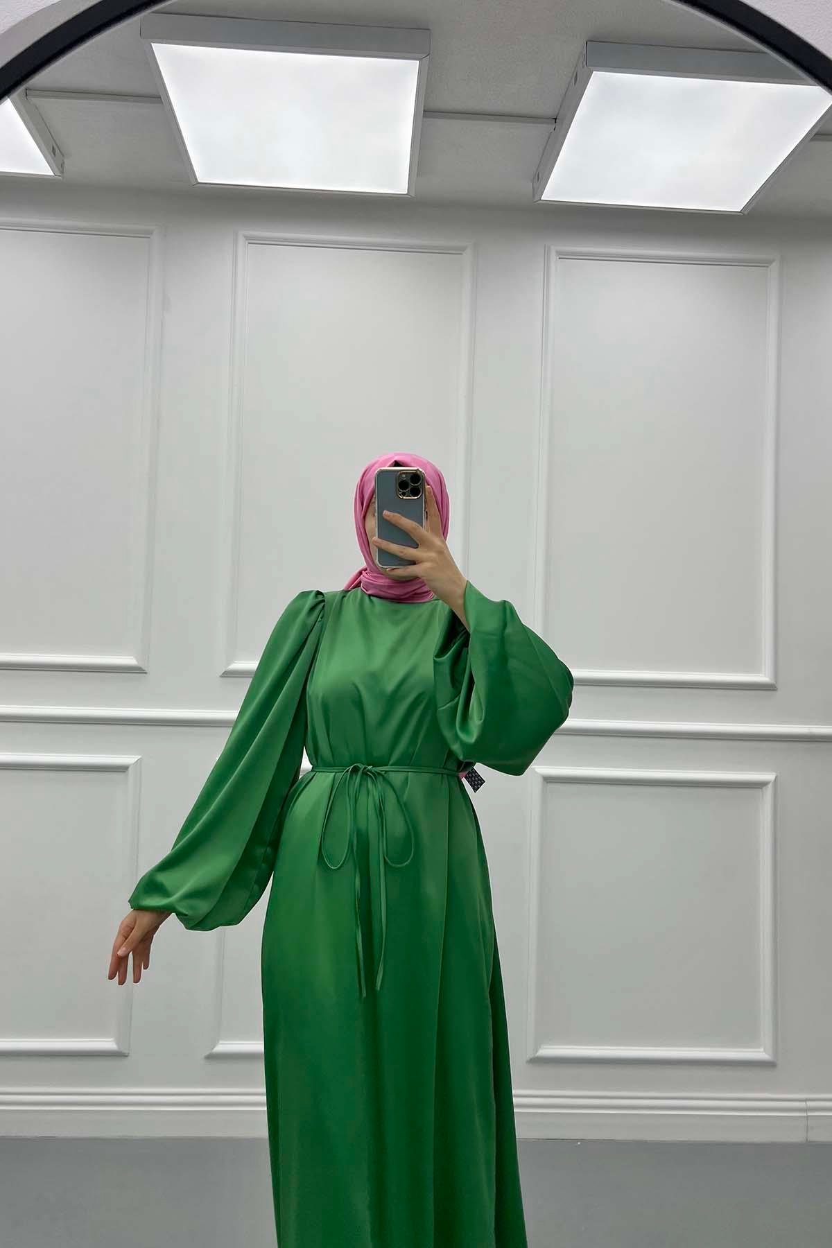 Balloon Sleeve Satin Dress Green