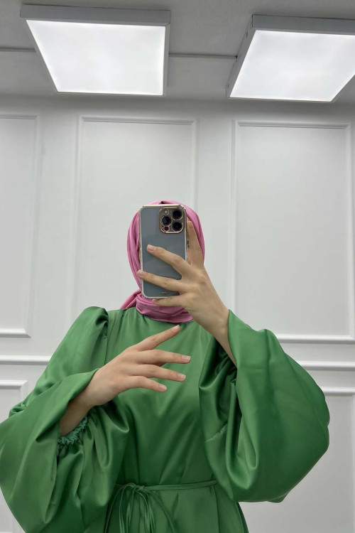 Balloon Sleeve Satin Dress Green