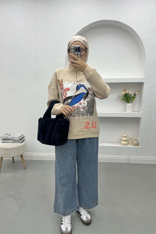 Printed Three Thread Sweatshirt Beige