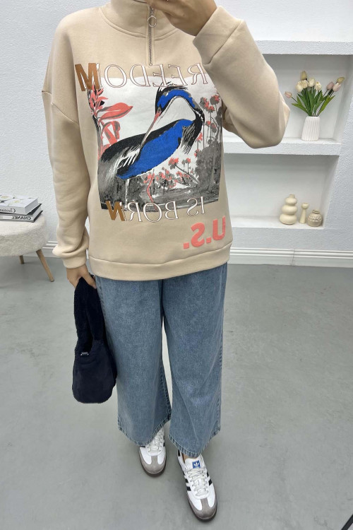 Printed Three Thread Sweatshirt Beige