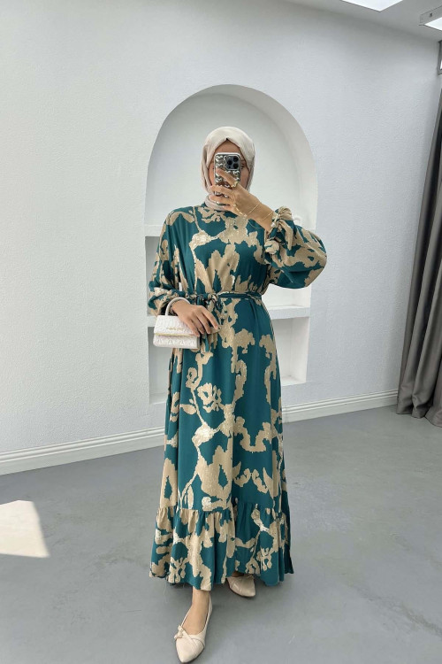 Batik Patterned Dress Petrol Green