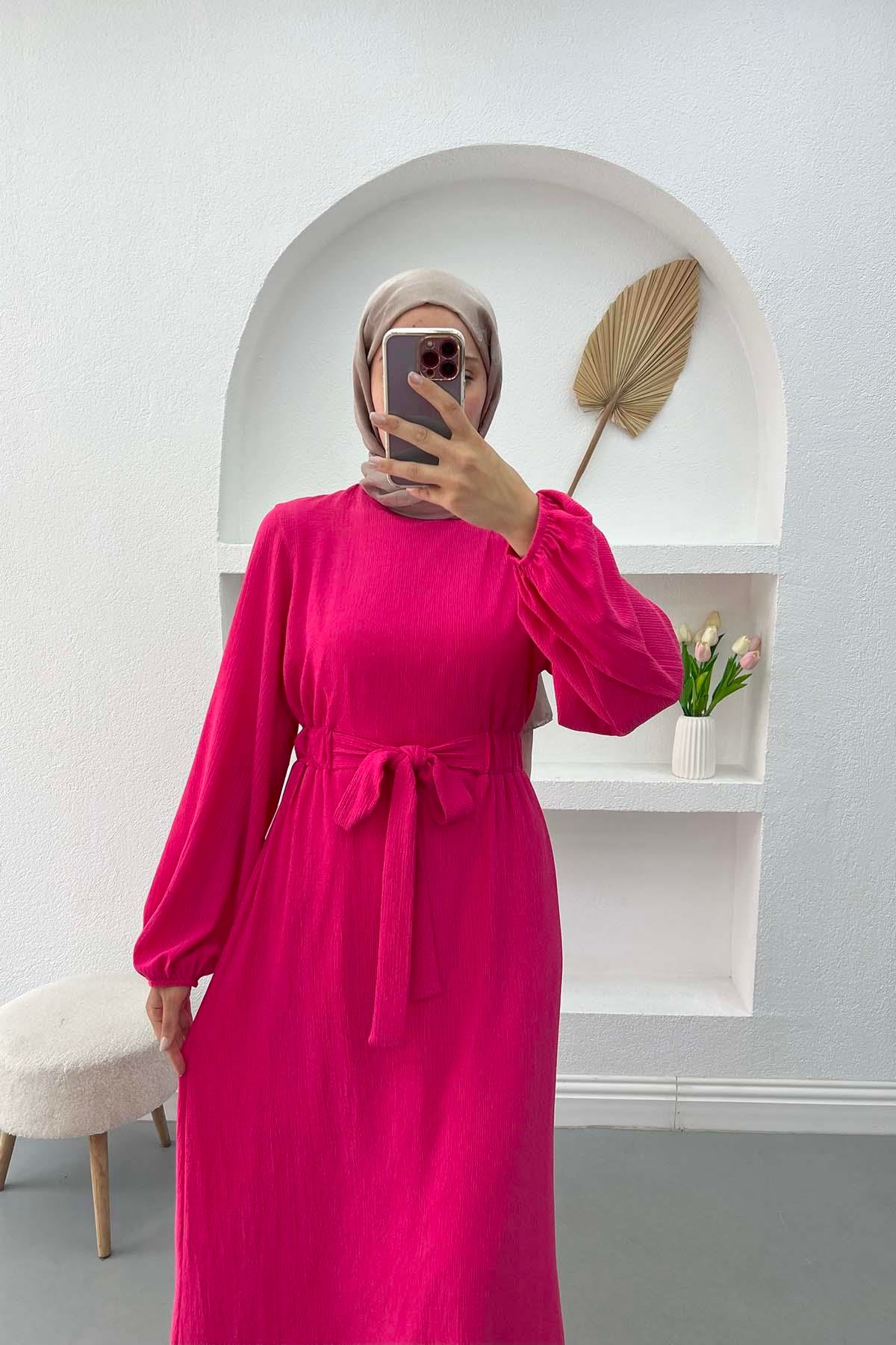 Waist Tied Crepe Dress Fuchsia