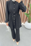 Waist Pleated Striped Suit Black