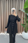 Waist Pleated Striped Suit Black