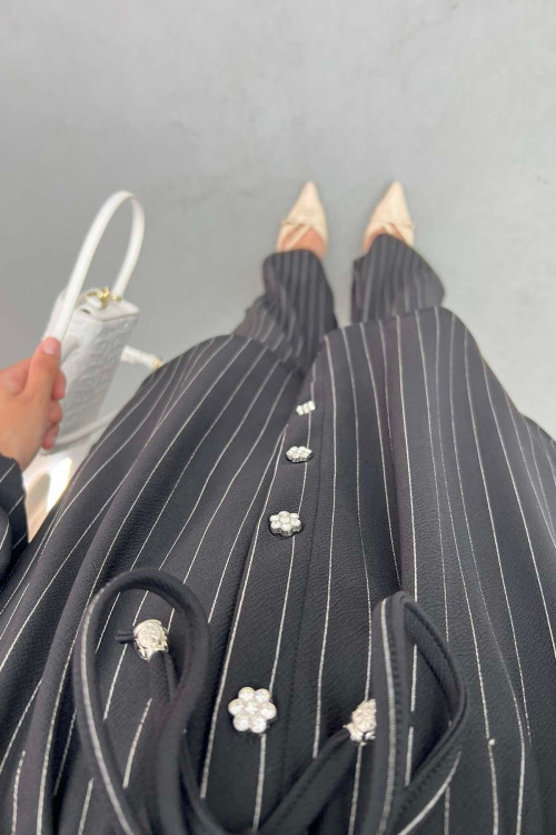 Waist Pleated Striped Suit Black