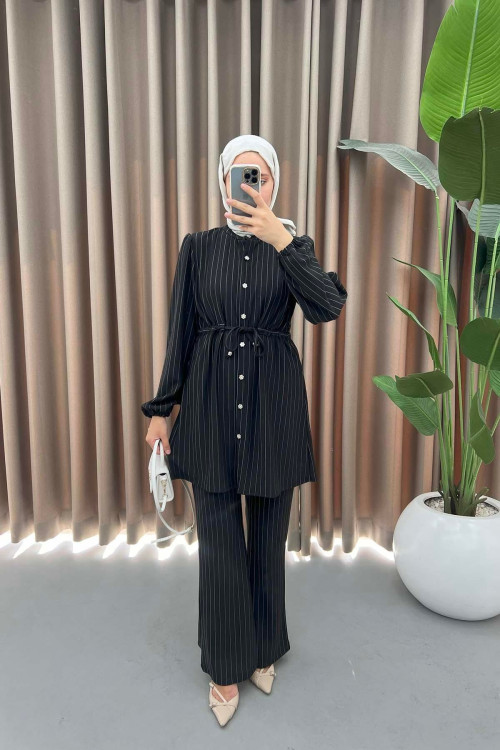 Waist Pleated Striped Suit Black