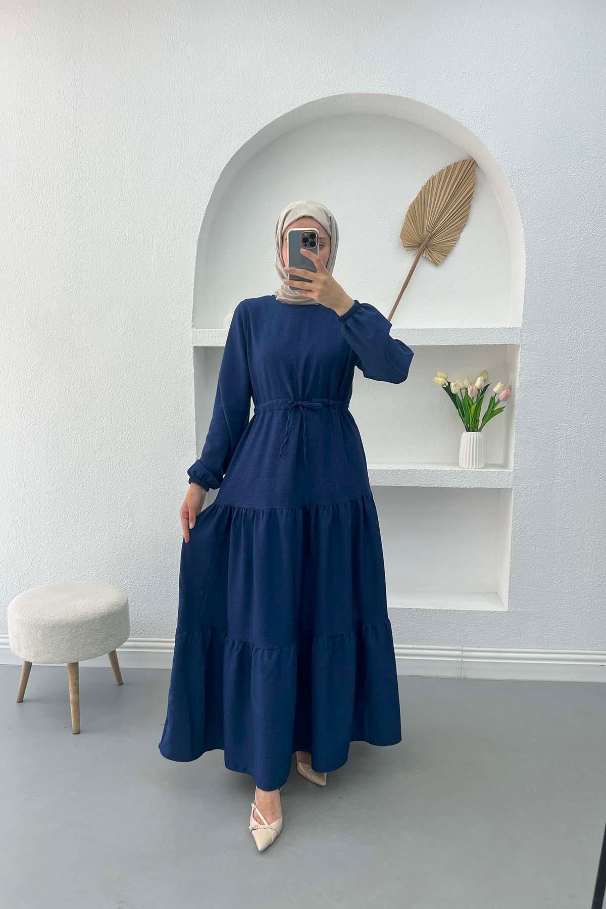 Pleated Waist Dress Navy Blue