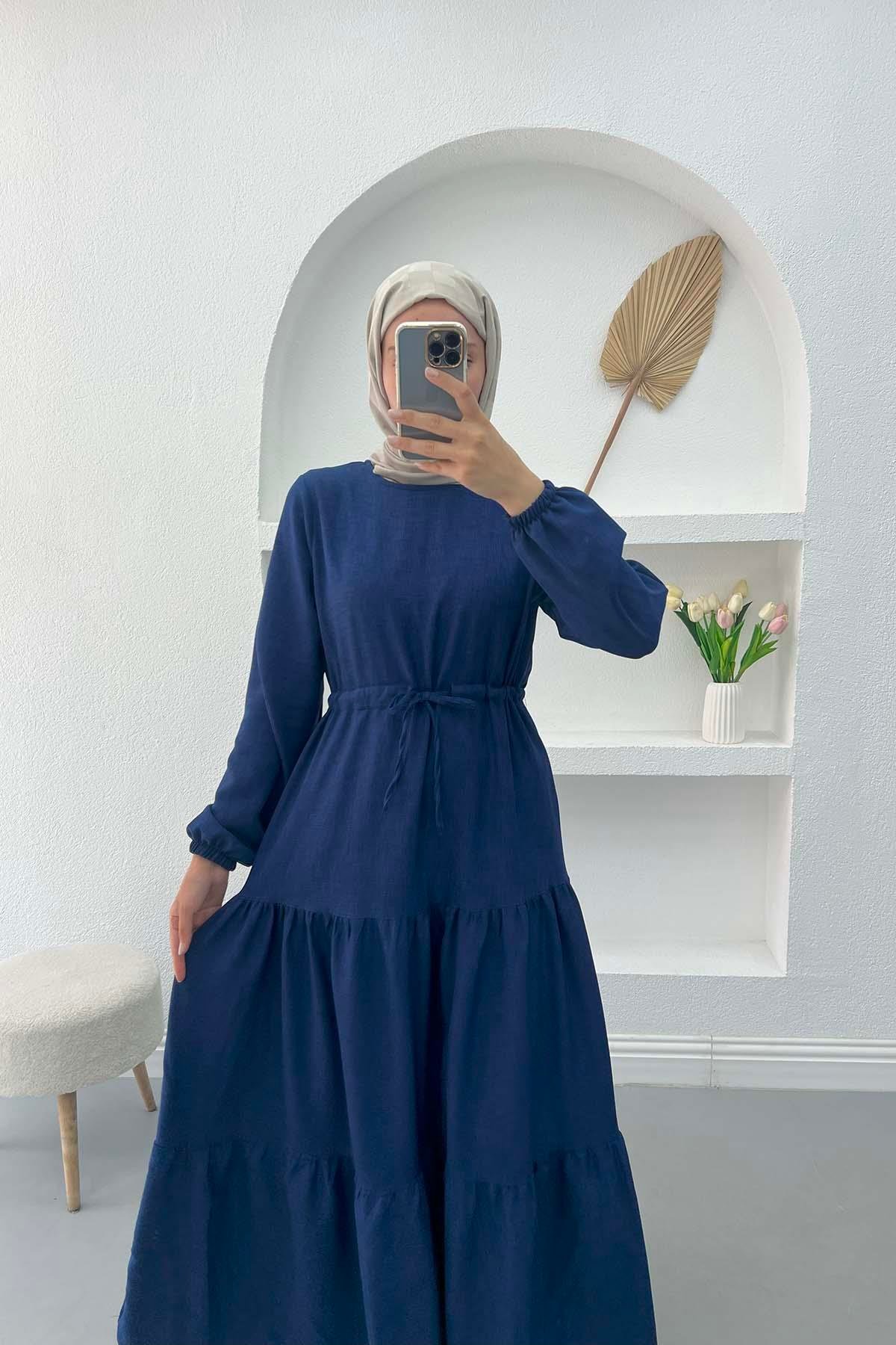 Pleated Waist Dress Navy Blue