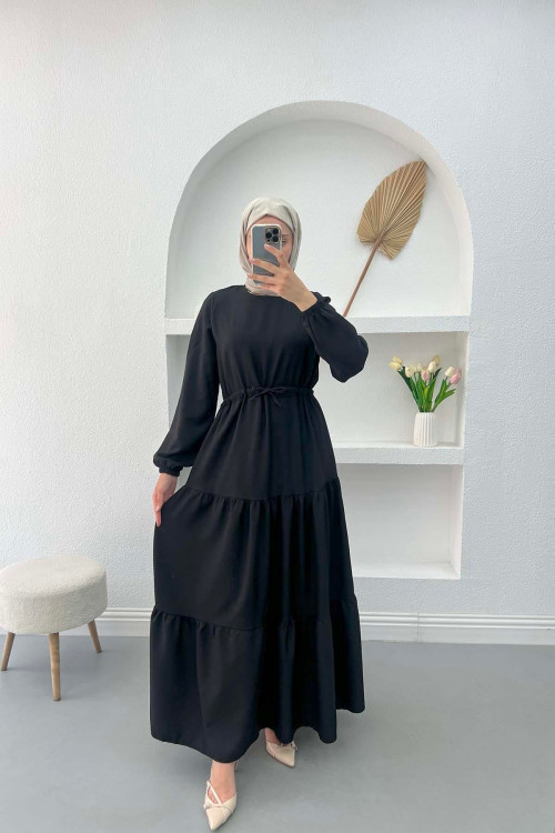 Waist Pleated Dress Black