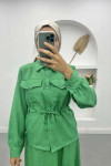 Waist Pleated Skirt Suit Green