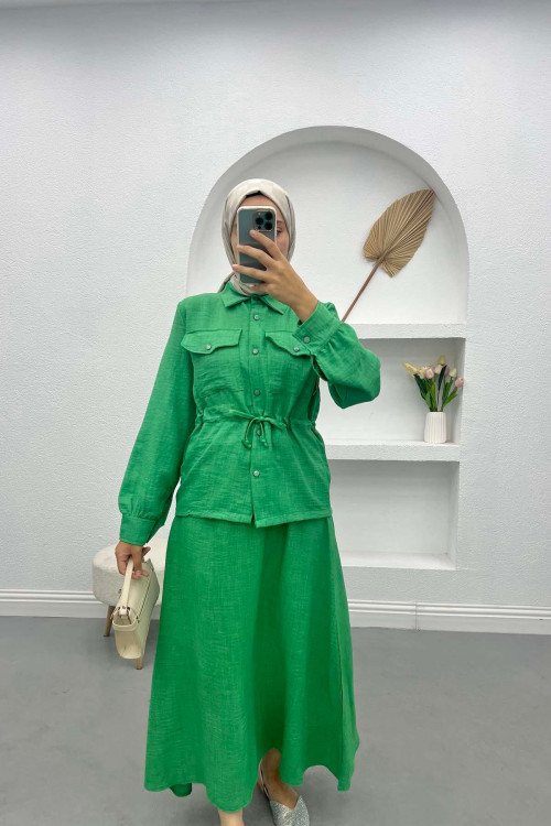 Waist Pleated Skirt Suit Green