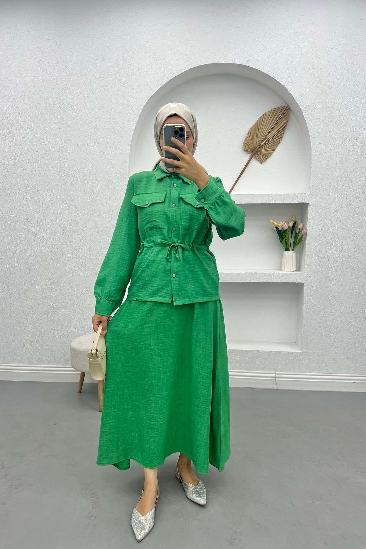 Waist Pleated Skirt Suit Green