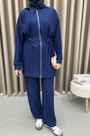 Waist Pleated Ribbed Suit Navy Blue