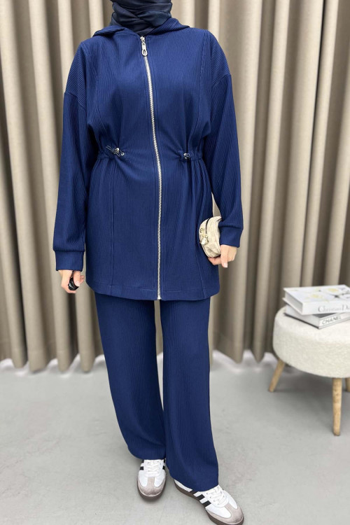 Waist Pleated Ribbed Suit Navy Blue