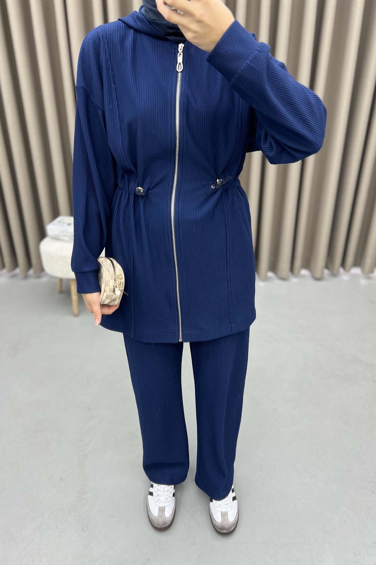 Waist Pleated Ribbed Suit Navy Blue