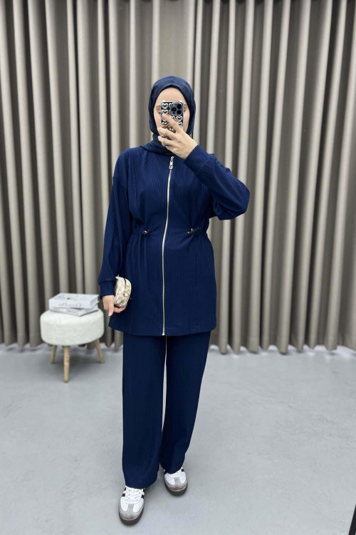 Waist Pleated Ribbed Suit Navy Blue