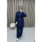 Waist Pleated Ribbed Suit Navy Blue