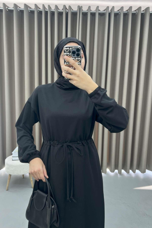 Waist Pleated Sweat Dress Black