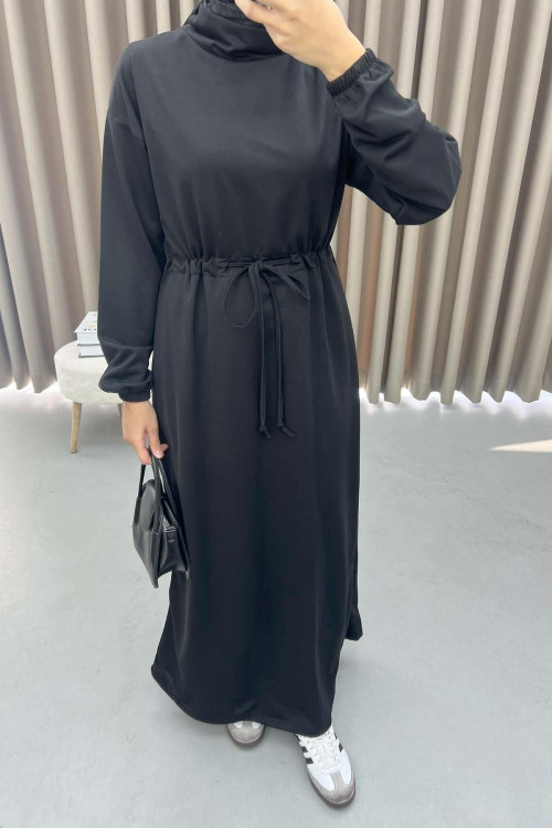 Waist Pleated Sweat Dress Black