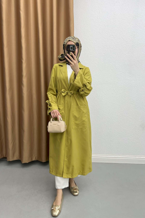 Waist Gathered Trench Coat Olive Green