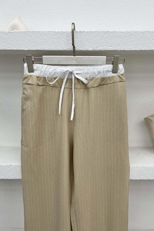 Waist Detailed Striped Trousers Beige