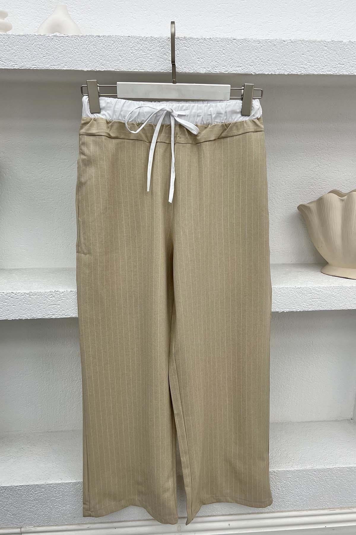 Waist Detailed Striped Trousers Beige