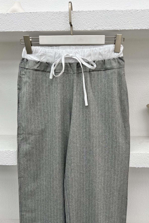 Waist Detailed Striped Trousers Gray