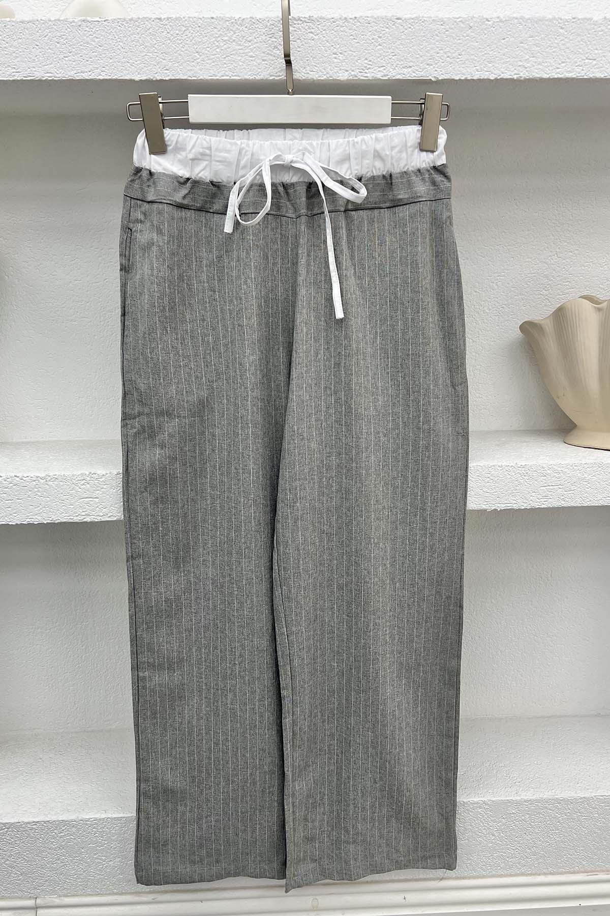 Waist Detailed Striped Trousers Gray