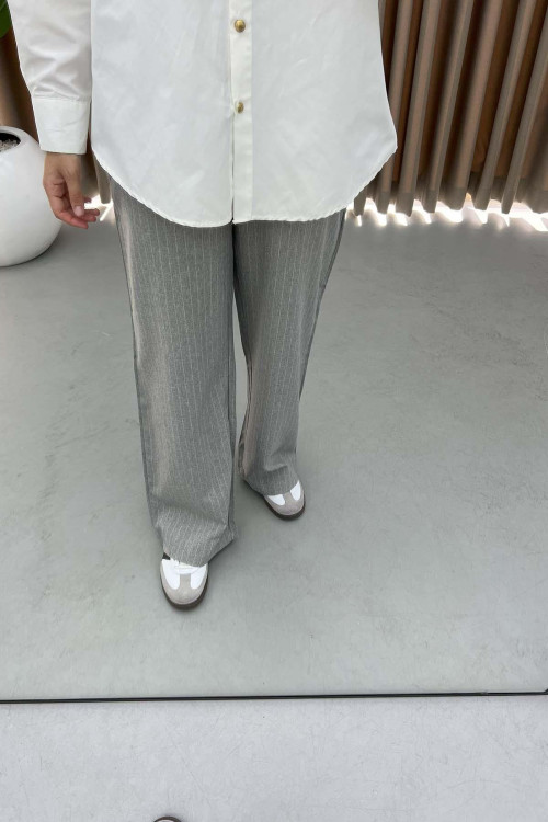 Waist Detailed Striped Trousers Gray