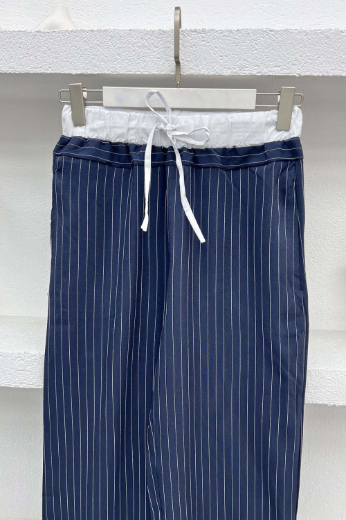 Waist Detailed Striped Trousers Navy Blue