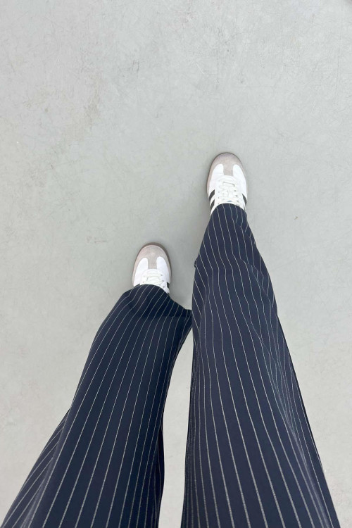 Waist Detailed Striped Trousers Navy Blue