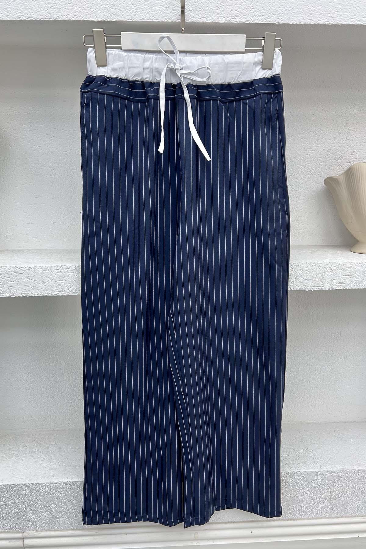 Waist Detailed Striped Trousers Navy Blue