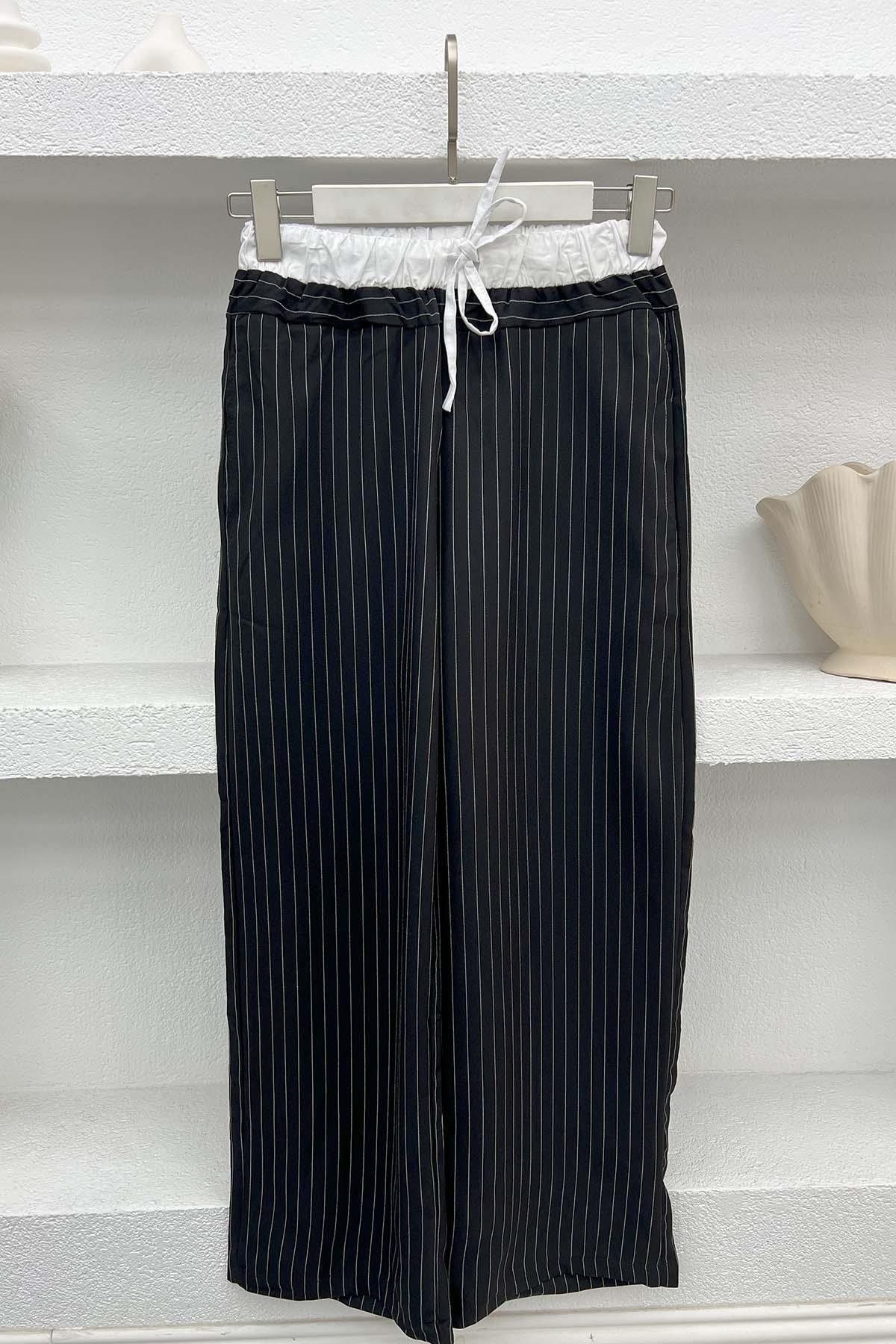 Waist Detailed Striped Trousers Black