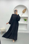 Waist Ruffle Balloon Sleeve Dress Black