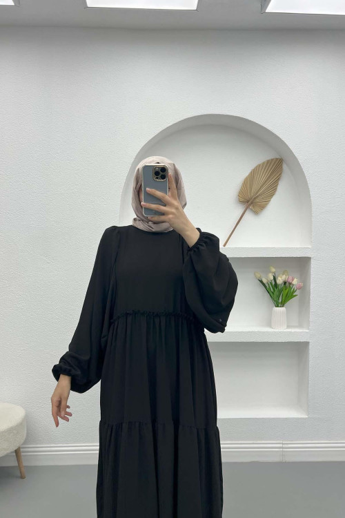 Waist Ruffle Balloon Sleeve Dress Black