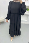 Waist Ruffle Balloon Sleeve Dress Black