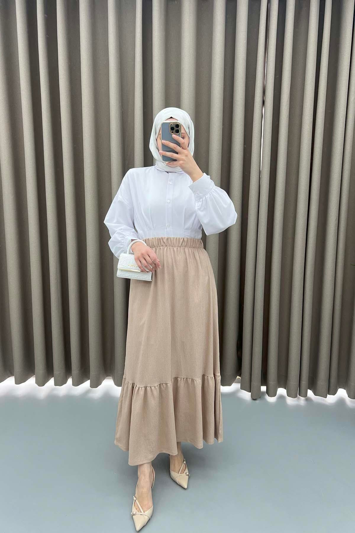 Waist Elastic Layered Skirt Milky Coffee