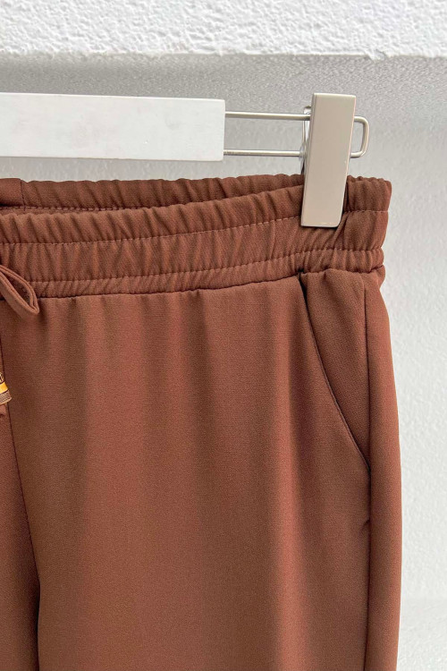 Elastic Waist Fabric Trousers Brown