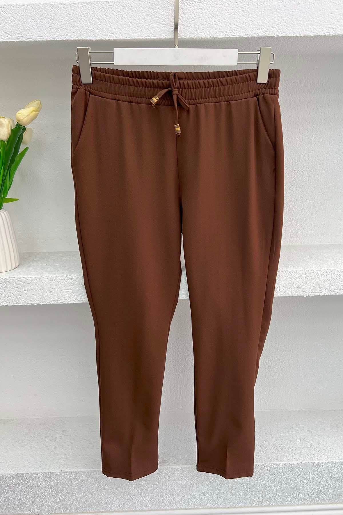 Elastic Waist Fabric Trousers Brown