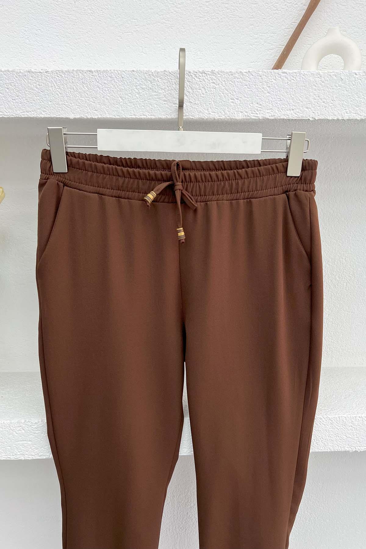 Elastic Waist Fabric Trousers Brown