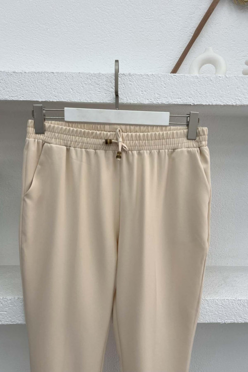 Elastic Waist Fabric Trousers Cream