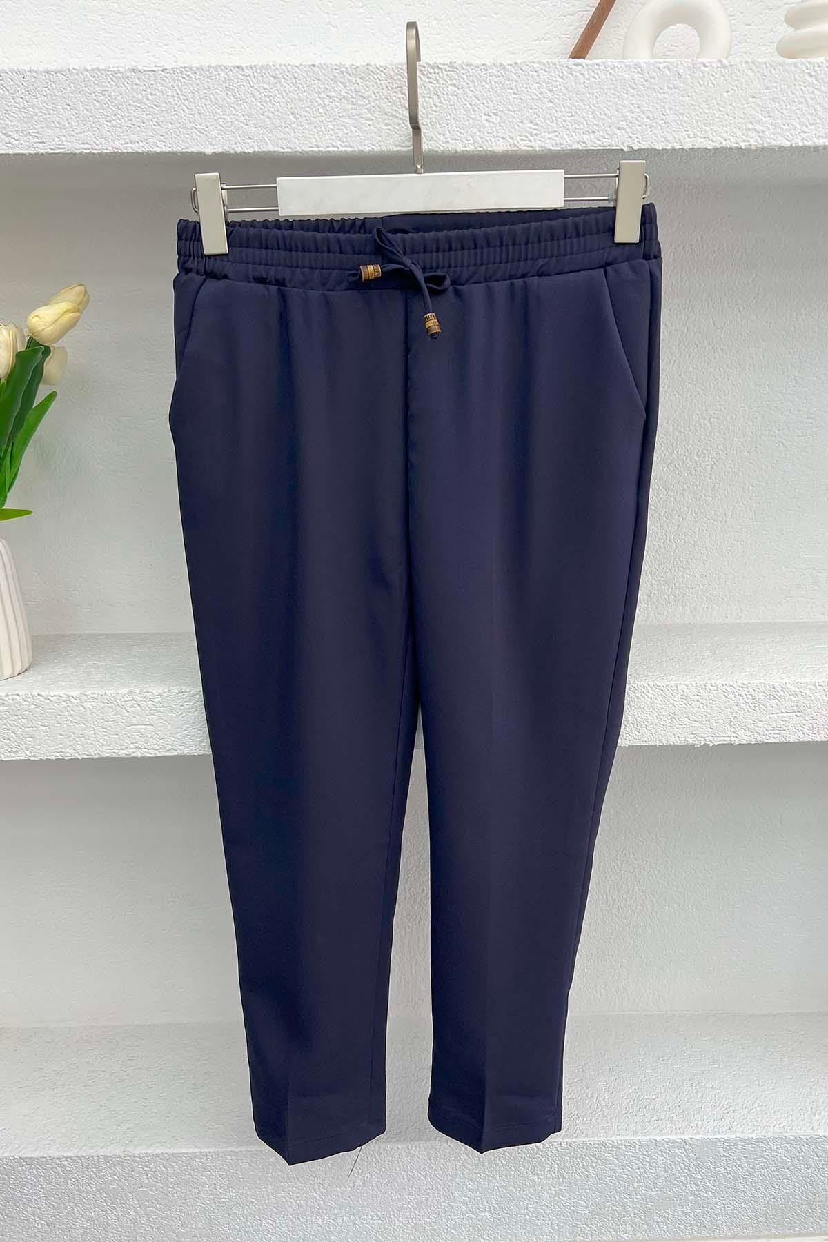 Elastic Waist Fabric Trousers Navy Blue