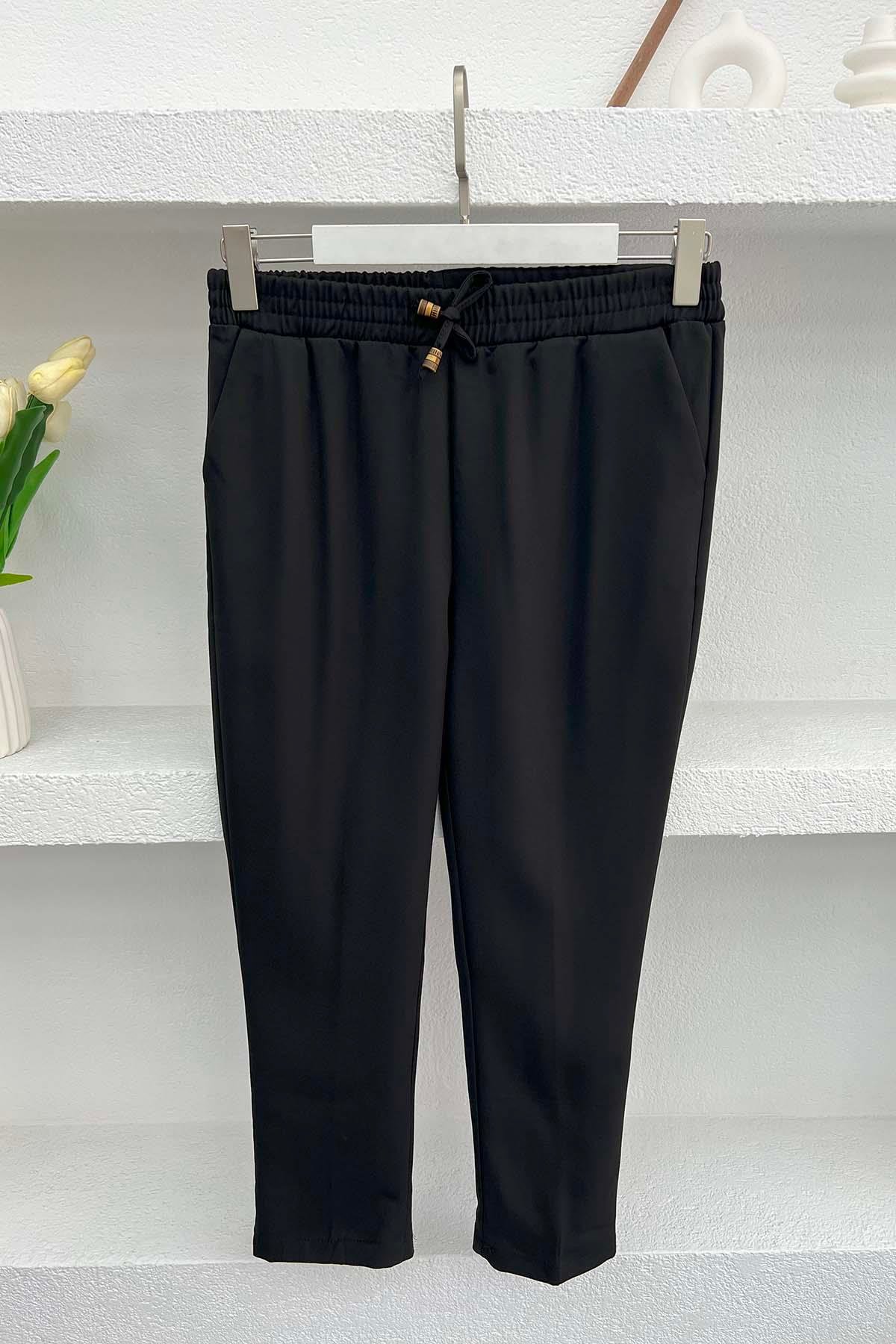 Elastic Waist Fabric Trousers Black