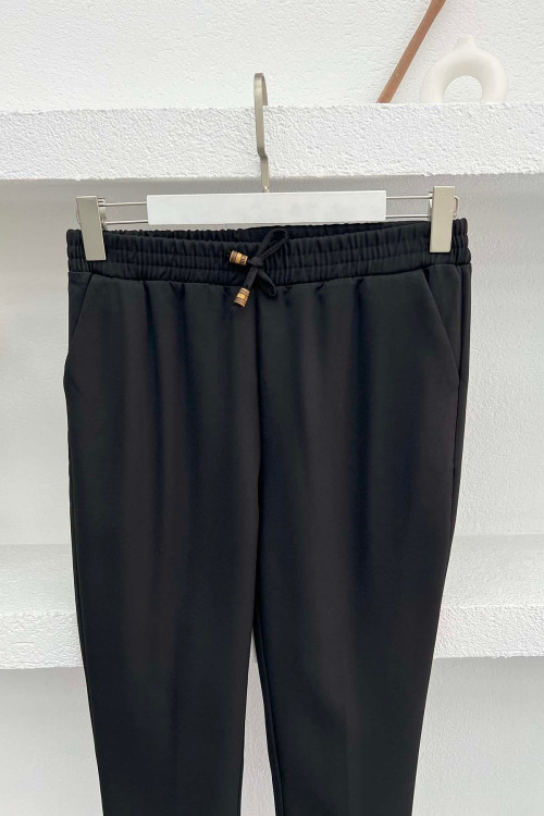 Elastic Waist Fabric Trousers Black