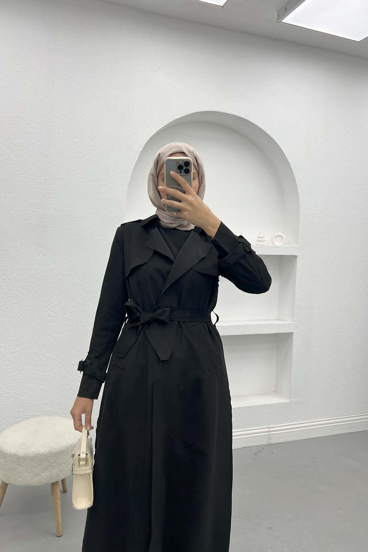 Waist Tie Suede Trench Coat Black