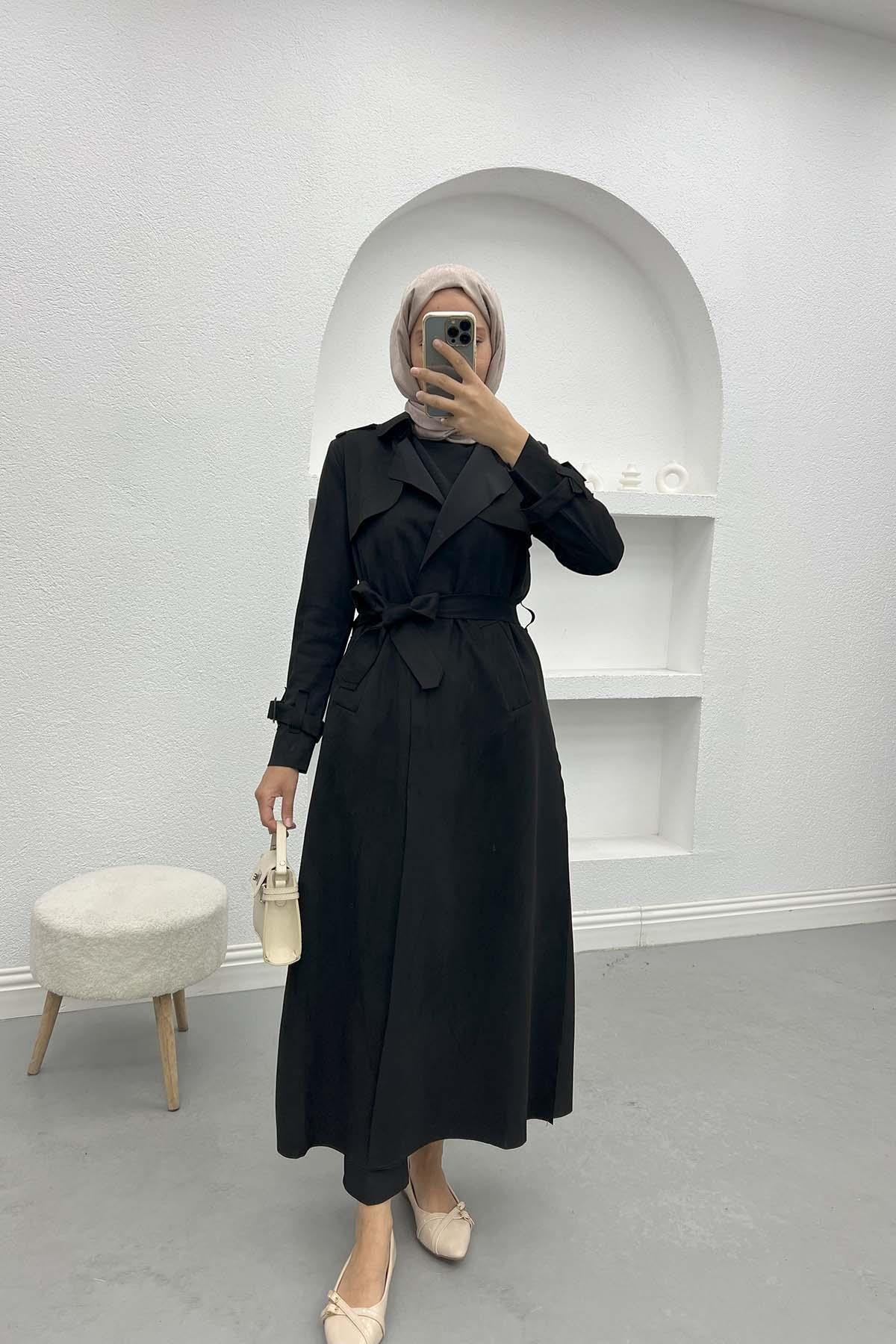 Waist Tie Suede Trench Coat Black