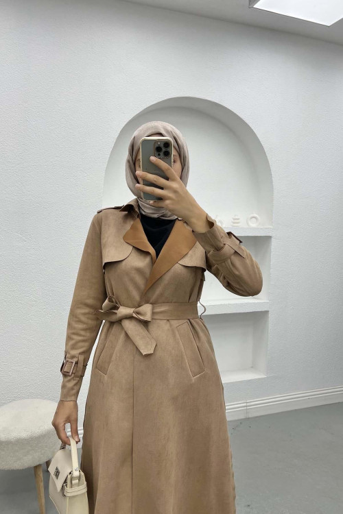 Waist Tie Suede Trench Coat Milky Coffee